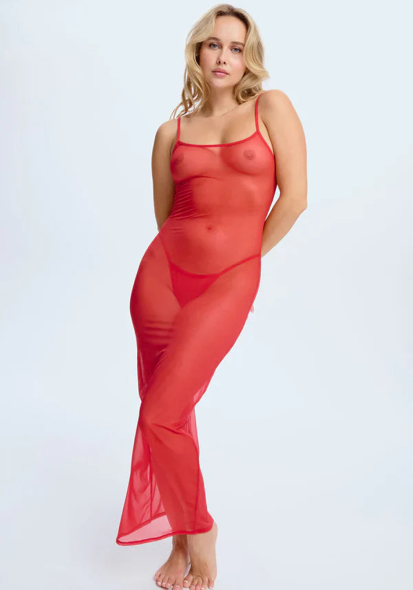 Sheer Mesh Stretch Maxi Dress Blush The Mesh Red-0